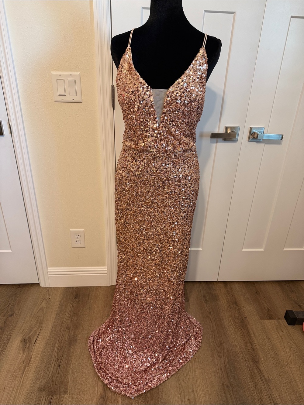 B Darlin Rose Gold Sequin V-Neck Spaghetti Strap Gown